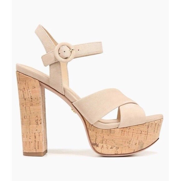Veronica Beard Lucille  Heeled Sandals NEW Cork Platform Ecru Suede Strap Sz 9.5 - Picture 3 of 13